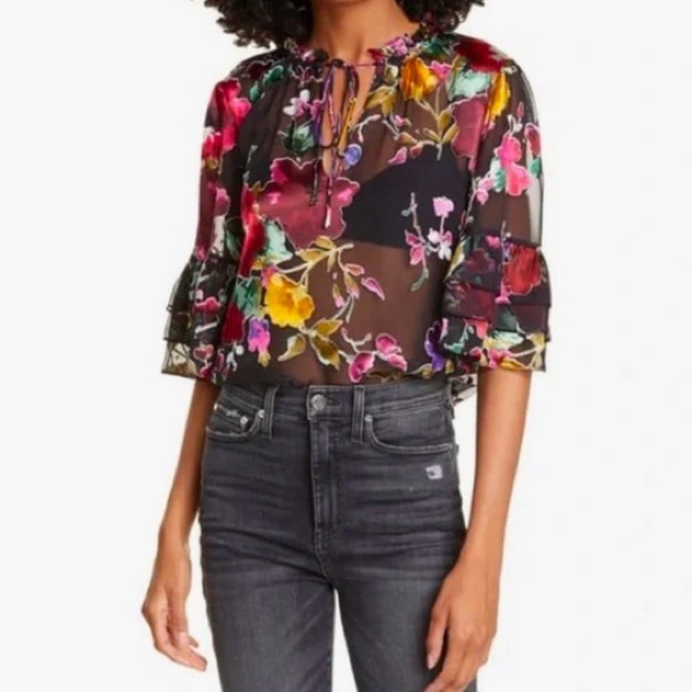 Alice + Olivia Tiered Sleeve Sheer Floral Blouse Size S